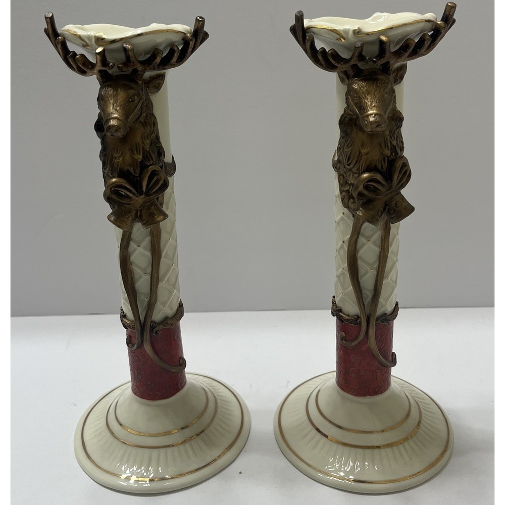 Christmas Vtg Porcelain Reindeer Candlestick Holders White Red Gold  Trim 9.5"